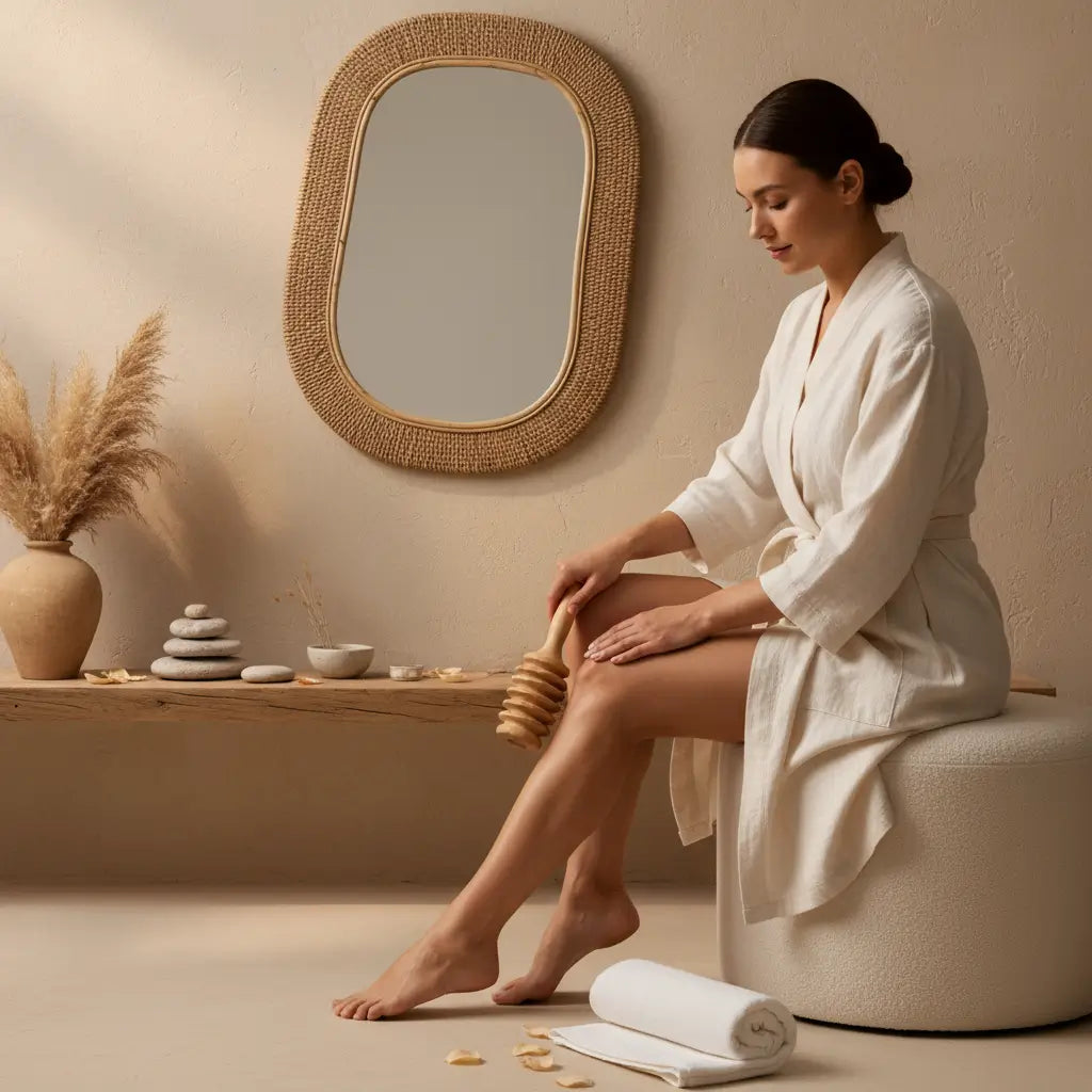 Drainage lymphatique manuel chez soi avec rouleau maderotherapie en bois anti-cellulite