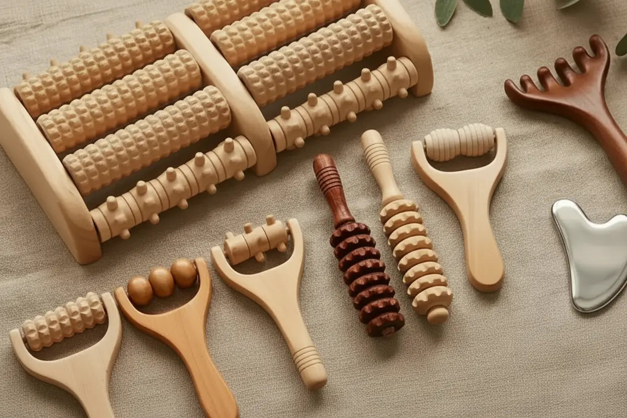 Collection d'outils de massage en bois maderothérapie – rouleaux anti-cellulite, gua sha et rouleau réflexologie plantaire pour massage drainant à domicile